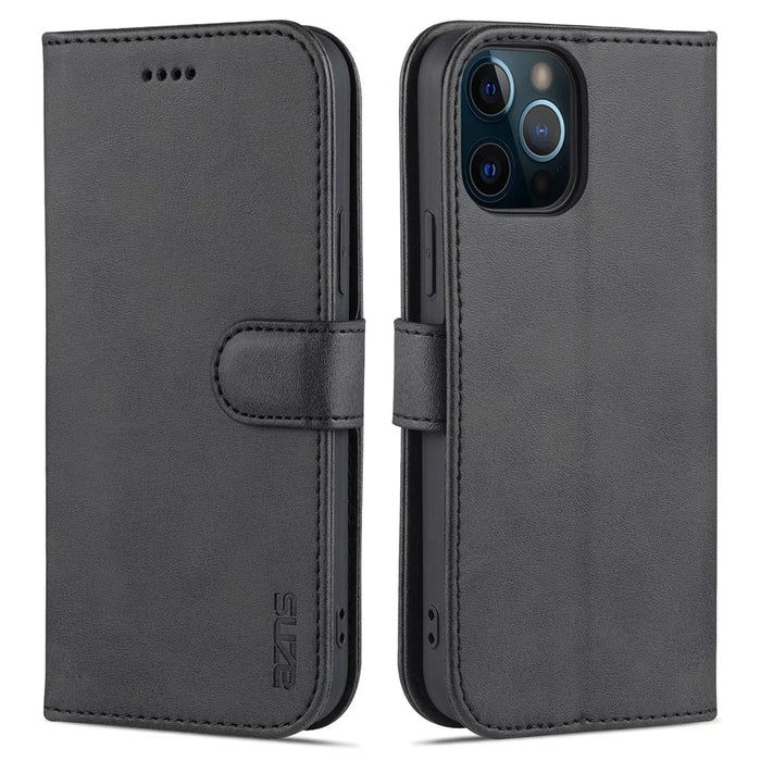 AZNS PU Leather Folio Flip Wallet Stand Full Protect Design Phone Shell for iPhone 13 6.1 inch - Black - 1