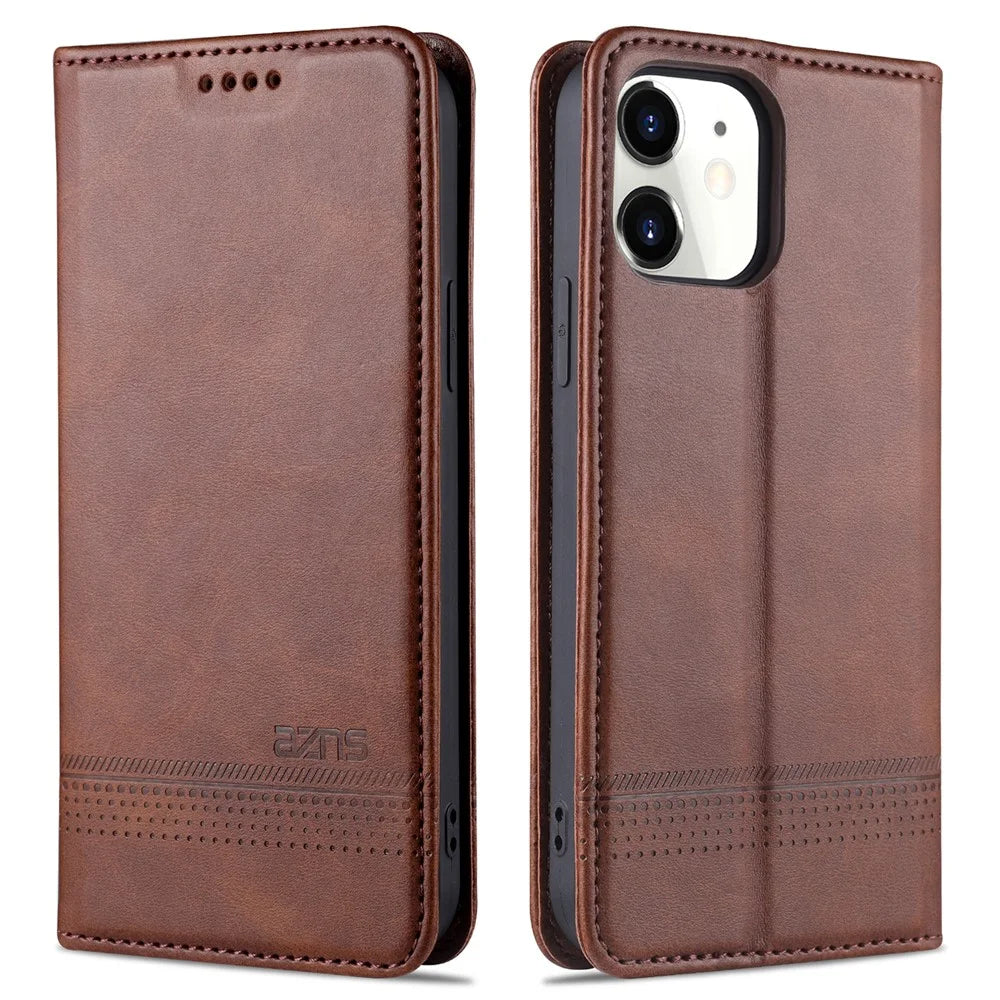 AZNS Shockproof Auto-absorbed Wallet Design PU Leather Folio Flip Phone Cover for iPhone 13 Pro 6.1 inch - Coffee - 1