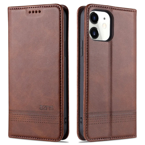 AZNS Shockproof Auto-absorbed Wallet Design PU Leather Folio Flip Phone Cover for iPhone 13 Pro 6.1 inch - Coffee - 1