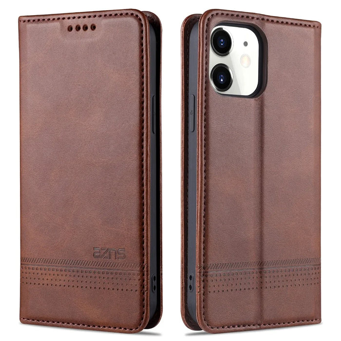 AZNS Shockproof Auto-absorbed Wallet Design PU Leather Folio Flip Phone Cover for iPhone 13 Pro 6.1 inch - Coffee - 1