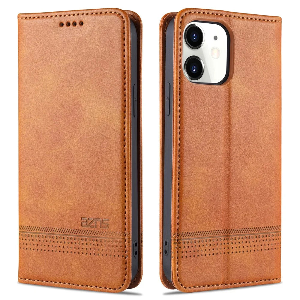 AZNS PU Leather Shockproof Auto-absorbed Magnetic Wallet and Stand Design Case for iPhone 13 6.1 inch - Brown - 1