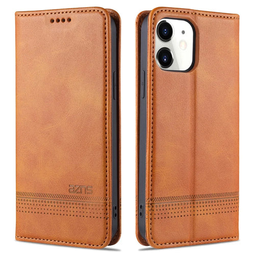 AZNS PU Leather Shockproof Auto-absorbed Magnetic Wallet and Stand Design Case for iPhone 13 6.1 inch - Brown - 1