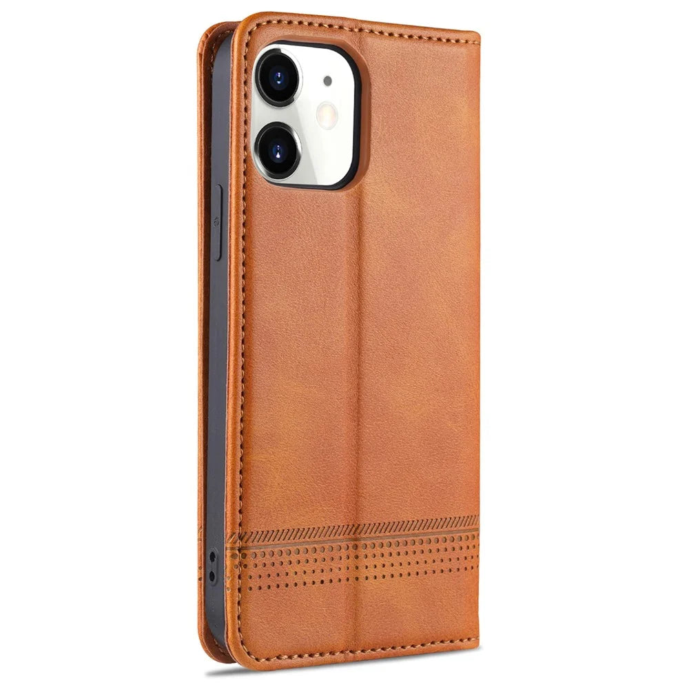 AZNS PU Leather Shockproof Auto-absorbed Magnetic Wallet and Stand Design Case for iPhone 13 6.1 inch - Brown - 3