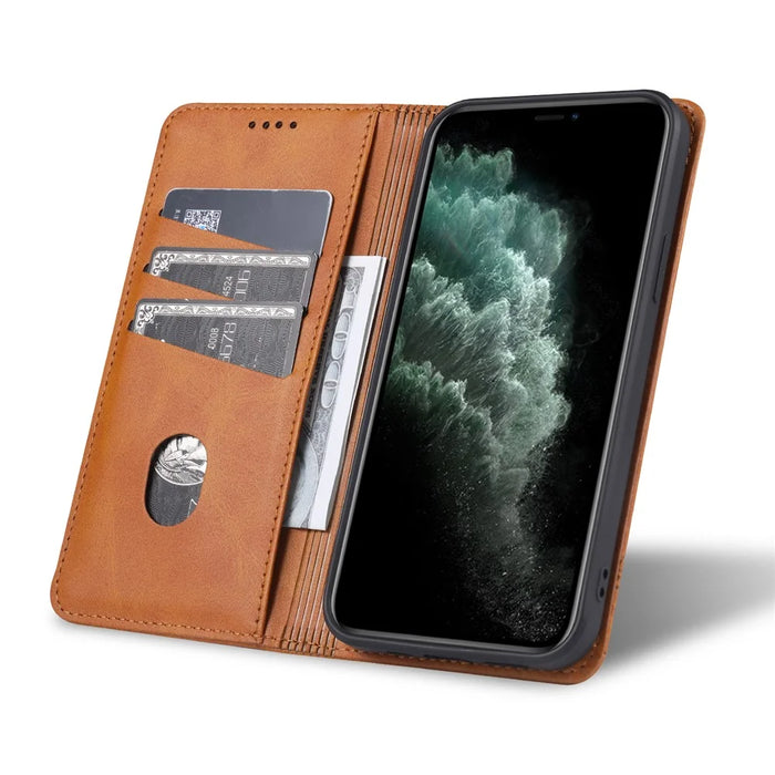 AZNS PU Leather Shockproof Auto-absorbed Magnetic Wallet and Stand Design Case for iPhone 13 6.1 inch - Brown - 7