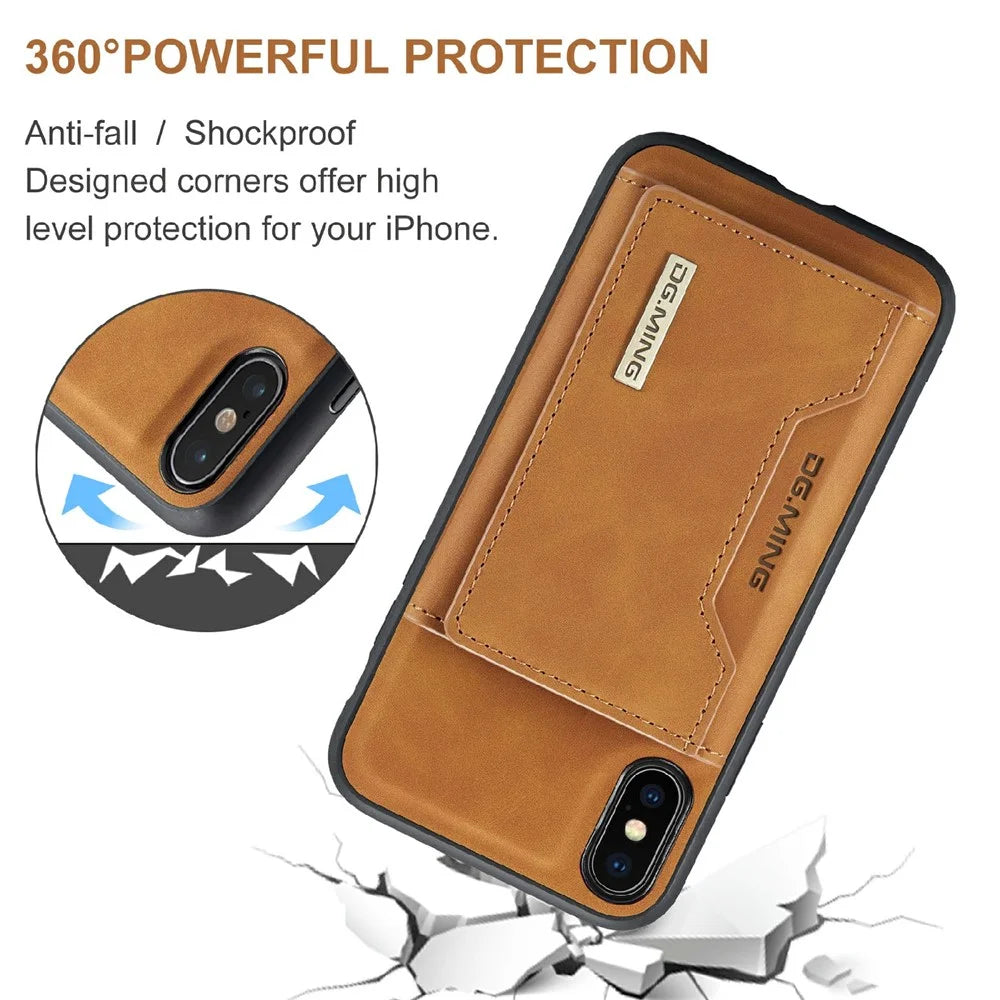 DG.MING M2 Series Magnetic Shockproof Wallet Design Leather Coated Hybrid Case with Kickstand for iPhone XS Max 6.5 inch - Brown - 3