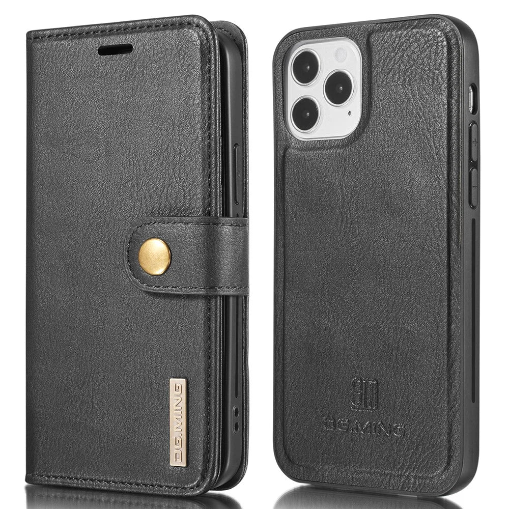 DG.MING For iPhone 13 Pro Max 6.7 inch Comfortable Hand Feeling Anti-scratch Split Leather Wallet Design Detachable 2-in-1 Phone Cover - Black - 1