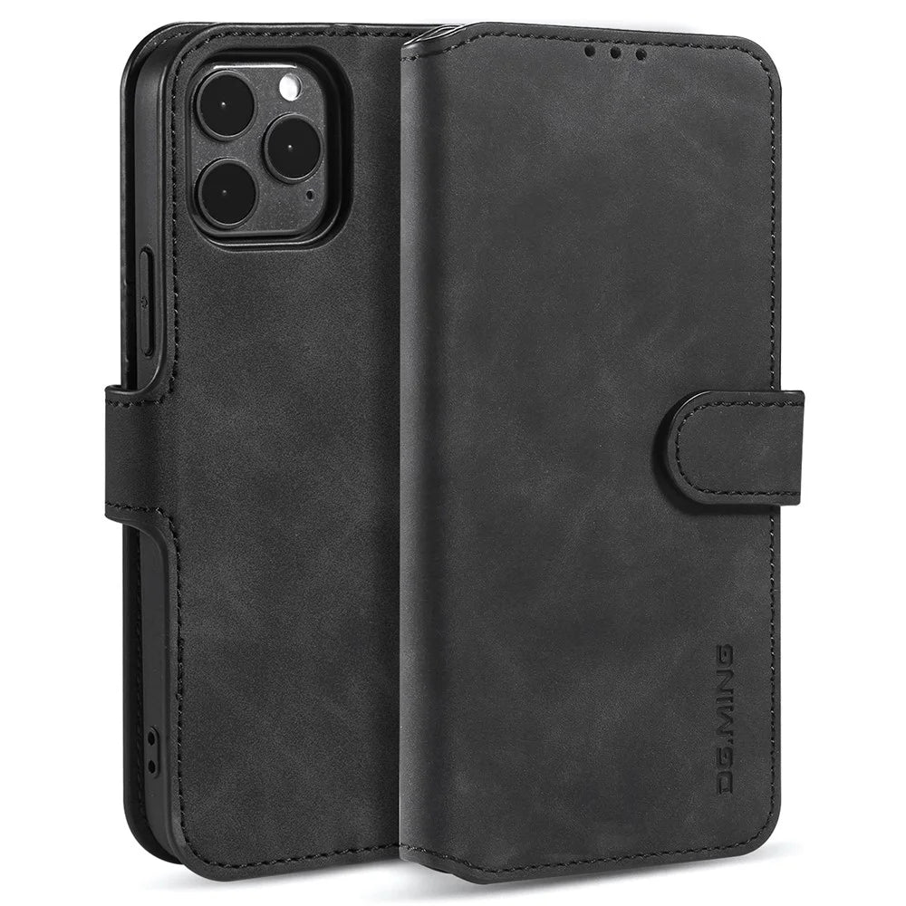 DG.MING Retro Style Leather Folio Flip Phone Cover with Wallet Stand Design for iPhone 13 mini 5.4 inch - Black - 1