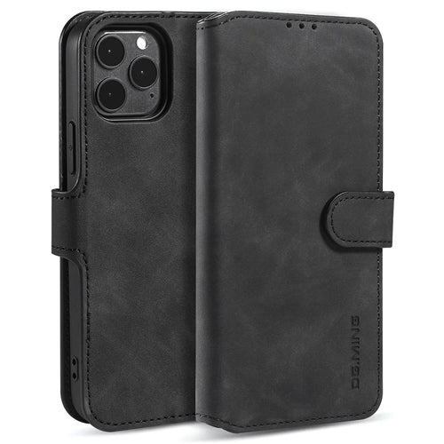DG.MING Retro Style Leather Folio Flip Phone Cover with Wallet Stand Design for iPhone 13 mini 5.4 inch - Black - 1