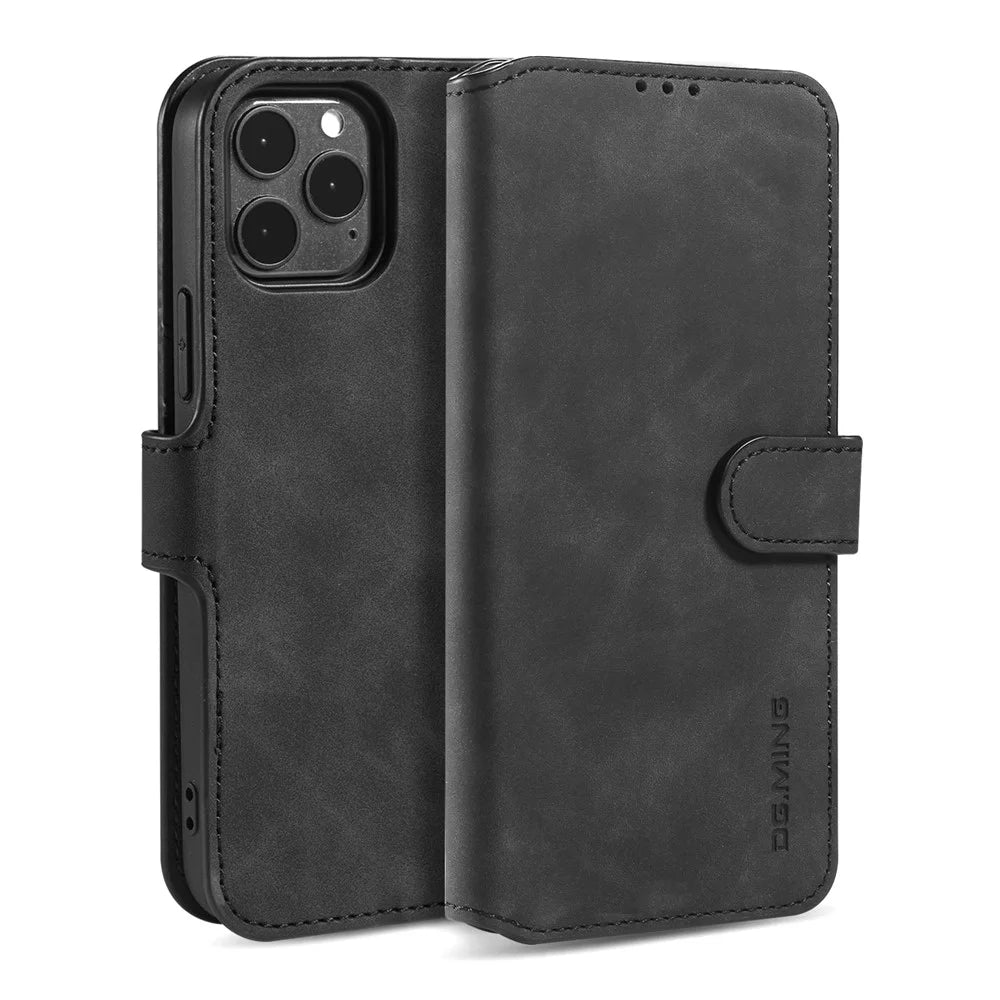 DG.MING Retro Style Leather Phone Shell with Wallet Stand Design and Strap for iPhone 13 Pro Max 6.7 inch - Black - 1