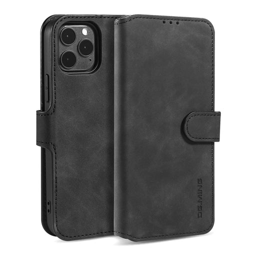 DG.MING Retro Style Leather Phone Shell with Wallet Stand Design and Strap for iPhone 13 Pro Max 6.7 inch - Black - 1