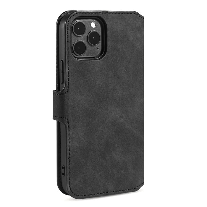 DG.MING Retro Style Leather Phone Shell with Wallet Stand Design and Strap for iPhone 13 Pro Max 6.7 inch - Black - 3