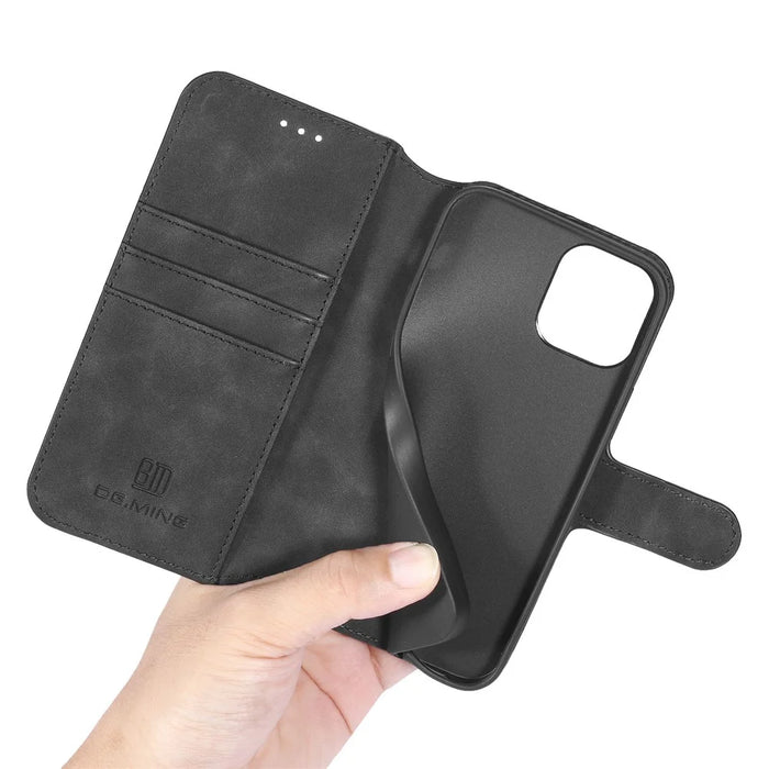 DG.MING Retro Style Leather Phone Shell with Wallet Stand Design and Strap for iPhone 13 Pro Max 6.7 inch - Black - 7