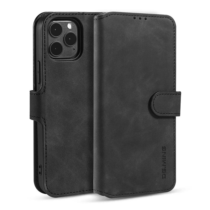 DG.MING Retro Style Leather Phone Cover with Wallet Stand Design and Handy Strap for iPhone 13 - Black - 1