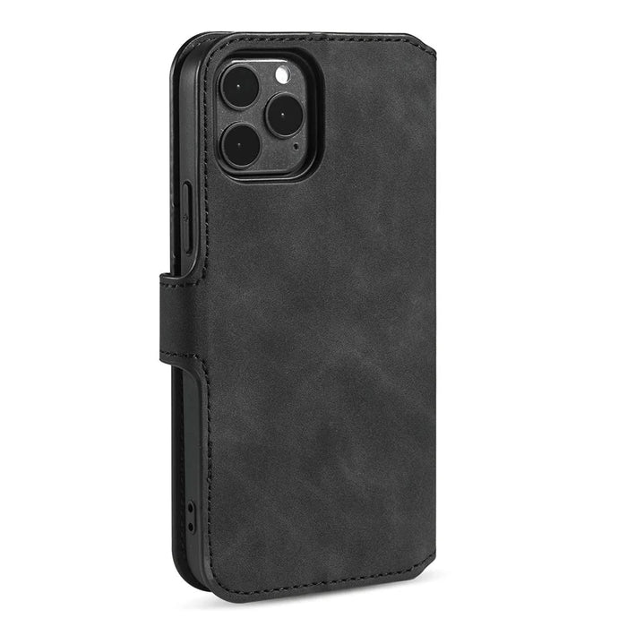 DG.MING Retro Style Leather Phone Cover with Wallet Stand Design and Handy Strap for iPhone 13 - Black - 3