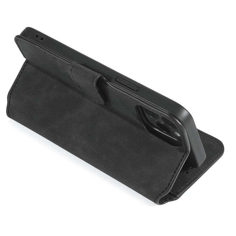 DG.MING Retro Style Leather Phone Cover with Wallet Stand Design and Handy Strap for iPhone 13 - Black - 5