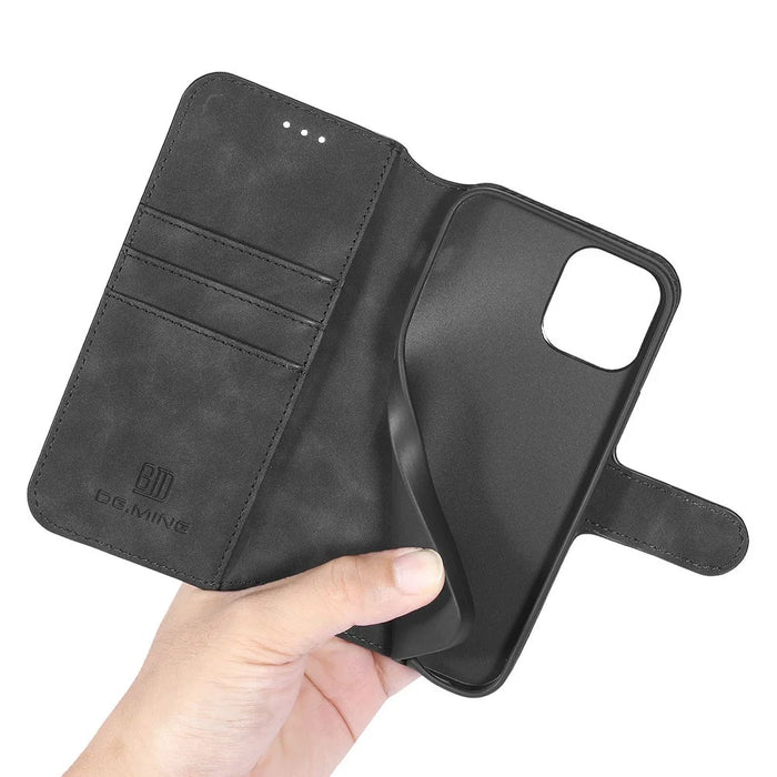 DG.MING Retro Style Leather Phone Cover with Wallet Stand Design and Handy Strap for iPhone 13 - Black - 7