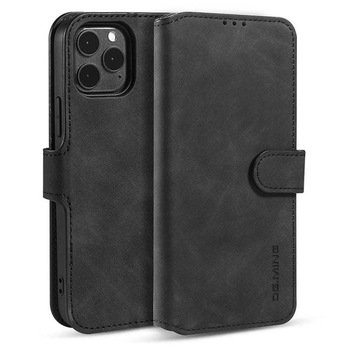 DG.MING Wallet Stand Design Retro Style Full Protection Leather Cover with Strap for iPhone 13 Pro 6.1 inch - Black - 1