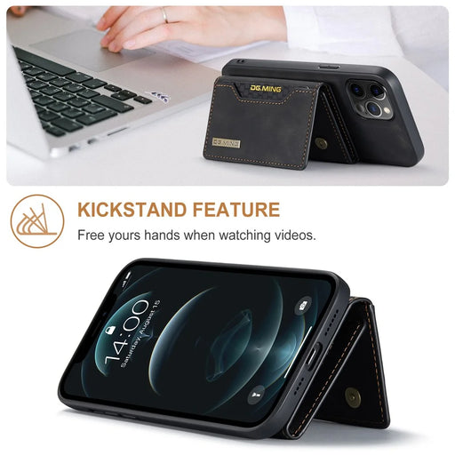 DG.MING M2 Series Magnetic Detachable 2-in-1Tri-Fold Wallet Wireless Charging Hybrid Kickstand Case for iPhone 13 Pro 6.1 inch - Black - 2