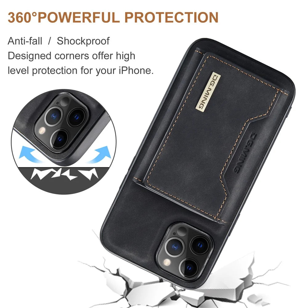 DG.MING M2 Series Magnetic Detachable 2-in-1Tri-Fold Wallet Wireless Charging Hybrid Kickstand Case for iPhone 13 Pro 6.1 inch - Black - 4