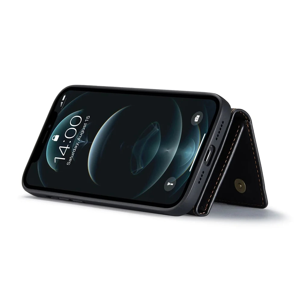DG.MING M1 Series Wireless Charging Leather Coated TPU + PC Magnet Absorption Wallet Hybrid Cover Shell with Kickstand for iPhone 13 Pro 6.1 inch - Black - 2