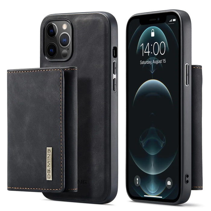DG.MING M1 Series Magnet Absorption Wallet Leather Coated TPU + PC Hybrid Cover Shell with Wireless Charging Function for iPhone 13 6.1 inch - Black - 1