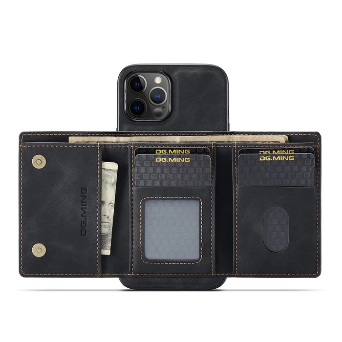DG.MING M1 Series Magnet Absorption Wallet Leather Coated TPU + PC Hybrid Cover Shell with Wireless Charging Function for iPhone 13 6.1 inch - Black - 6