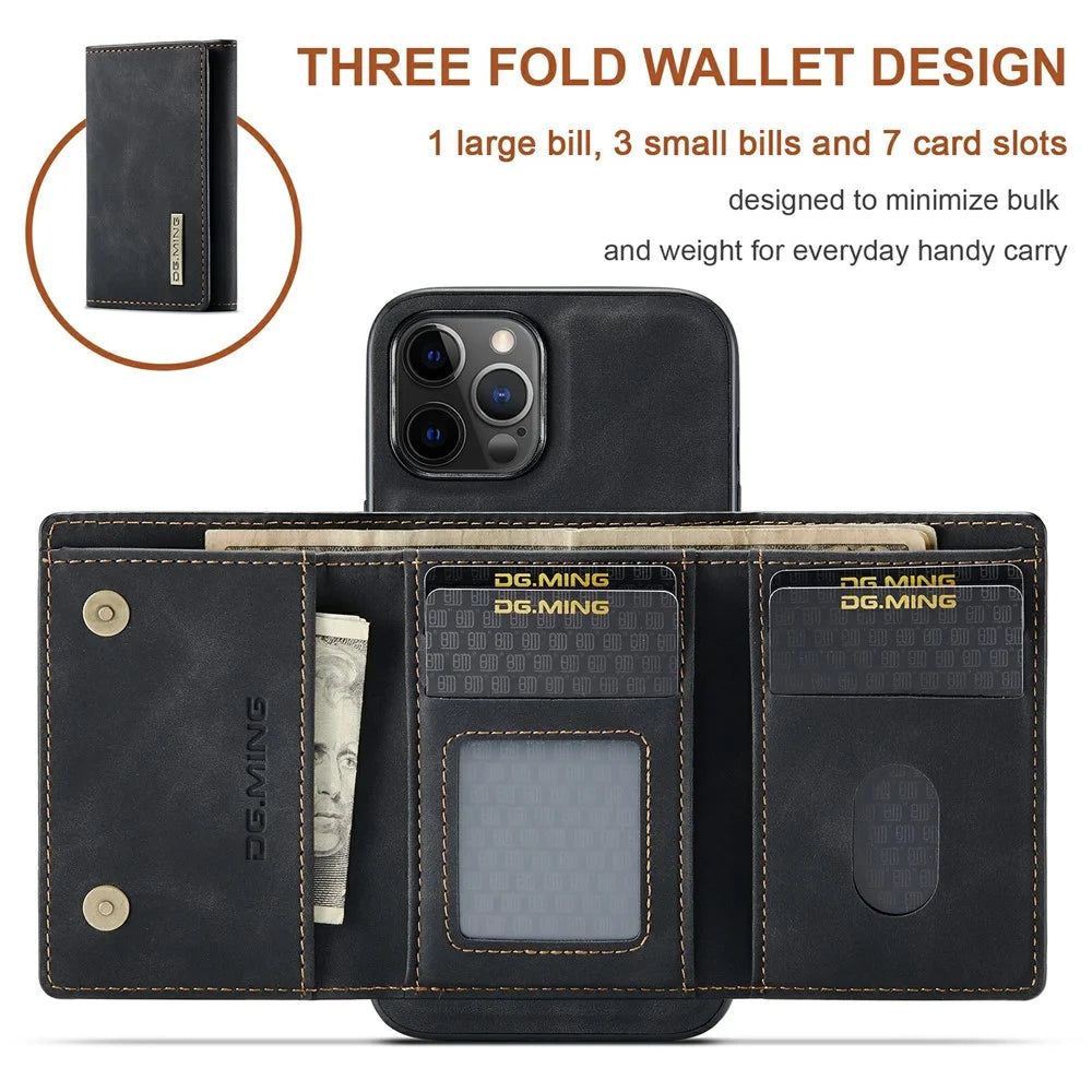 DG.MING M1 Series Phone Case PU + TPU + PC Back Cover with Magnetic Tri-Fold Wallet Kickstand for iPhone 13 mini 5.4 inch - Black - 5