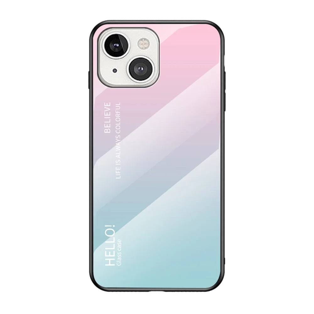 Gradient Color Tempered Glass Back Shell Soft TPU Edge Cover Phone Case for iPhone 13 mini 5.4 inch - Gradient Pink Blue - 1