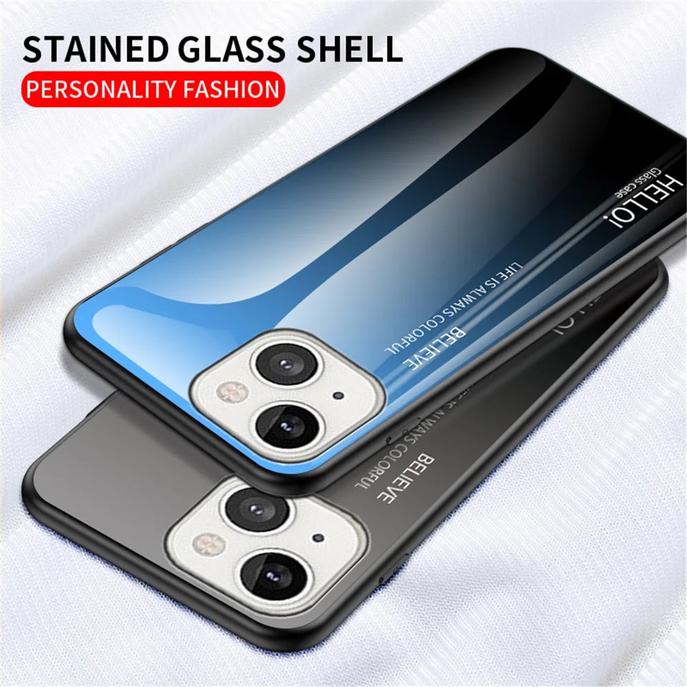 Gradient Color Tempered Glass Back Shell Soft TPU Edge Cover Phone Case for iPhone 13 mini 5.4 inch - Gradient Pink Blue - 2