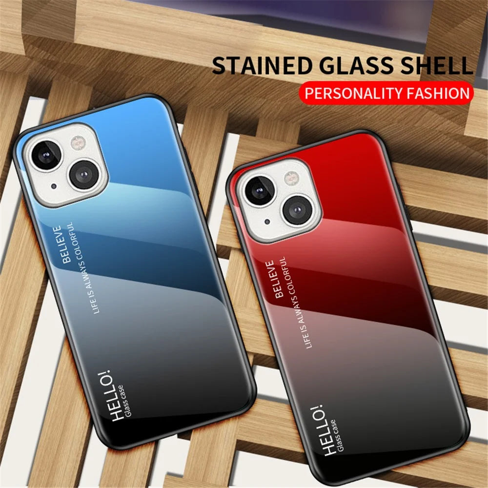 Gradient Color Tempered Glass Back Shell Soft TPU Edge Cover Phone Case for iPhone 13 mini 5.4 inch - Gradient Pink Blue - 5