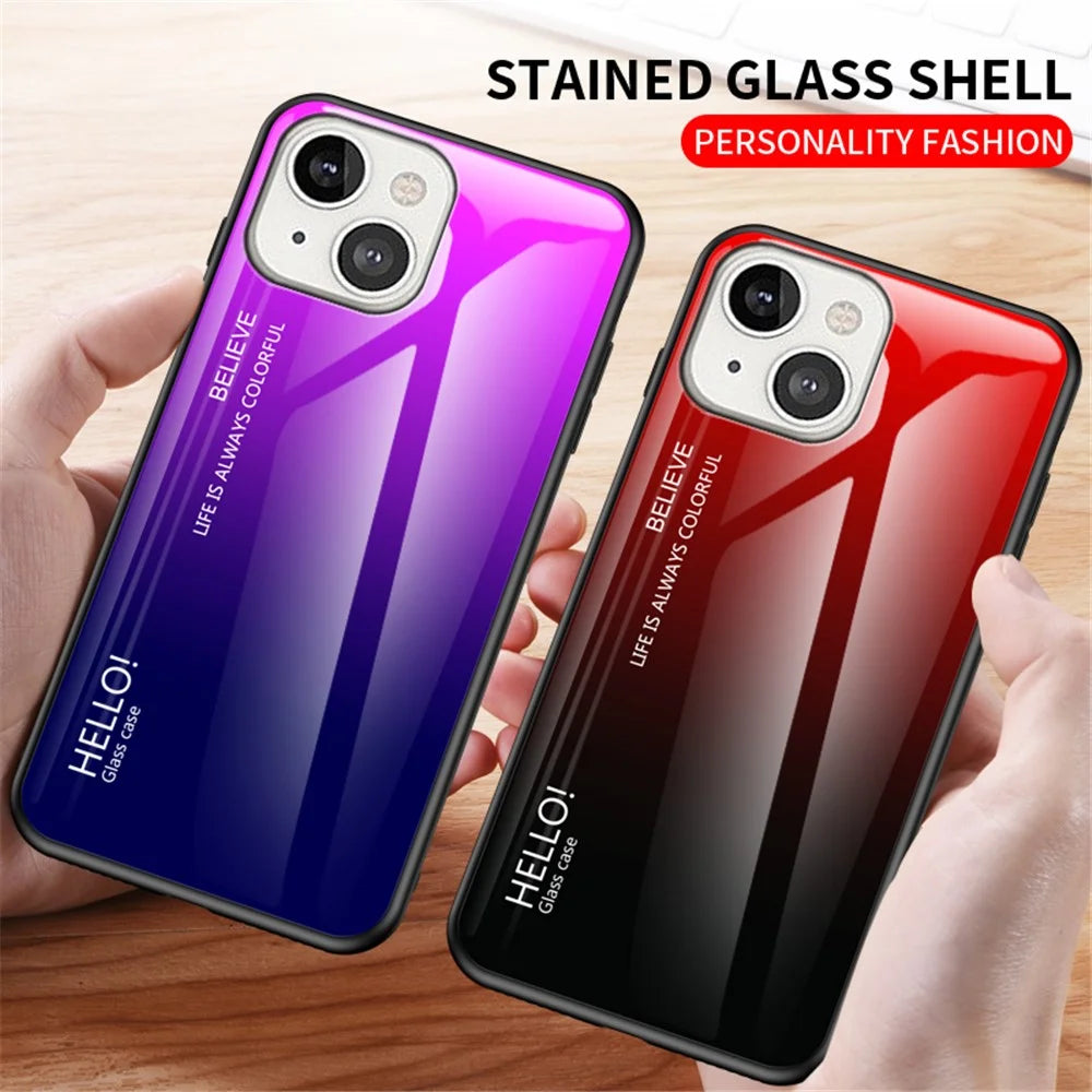 Gradient Color Tempered Glass Back Shell Soft TPU Edge Cover Phone Case for iPhone 13 mini 5.4 inch - Gradient Pink Blue - 6