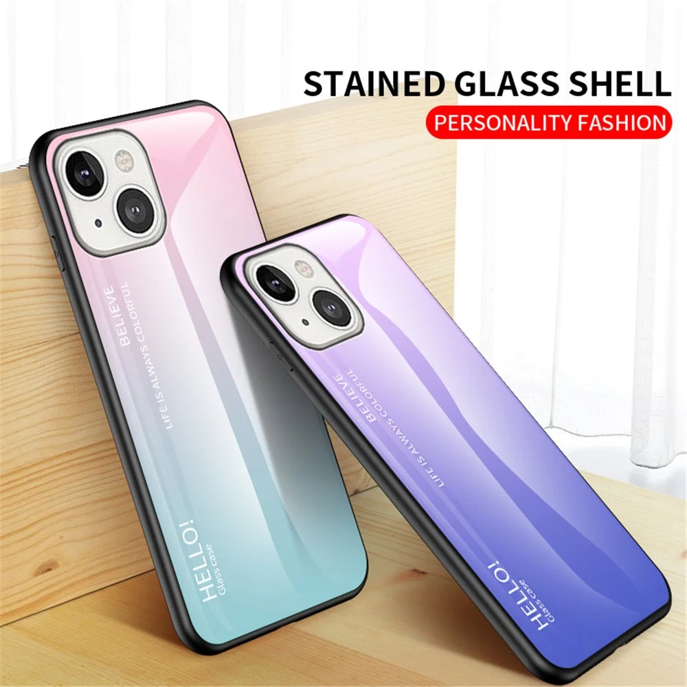 Gradient Color Tempered Glass Back Shell Soft TPU Edge Cover Phone Case for iPhone 13 mini 5.4 inch - Gradient Pink Blue - 7