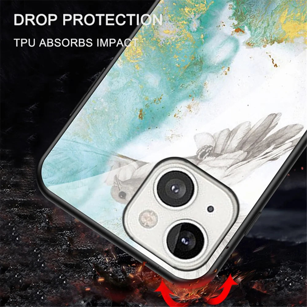 Marble Design Luxury Tempered Glass Back Cover Slim Fit Shockproof TPU Edge Protective Case for iPhone 13 6.1 inch - White Marble - 3