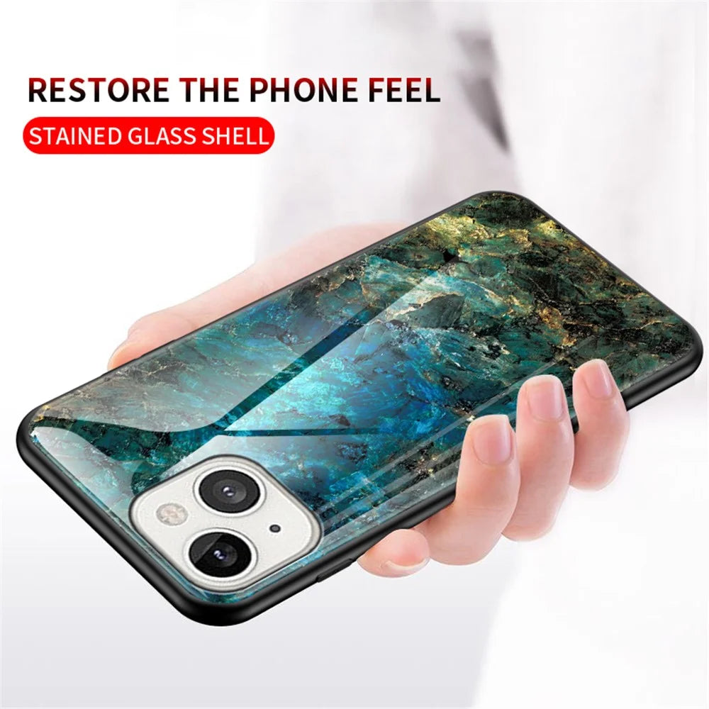 Marble Design Luxury Tempered Glass Back Cover Slim Fit Shockproof TPU Edge Protective Case for iPhone 13 6.1 inch - White Marble - 5