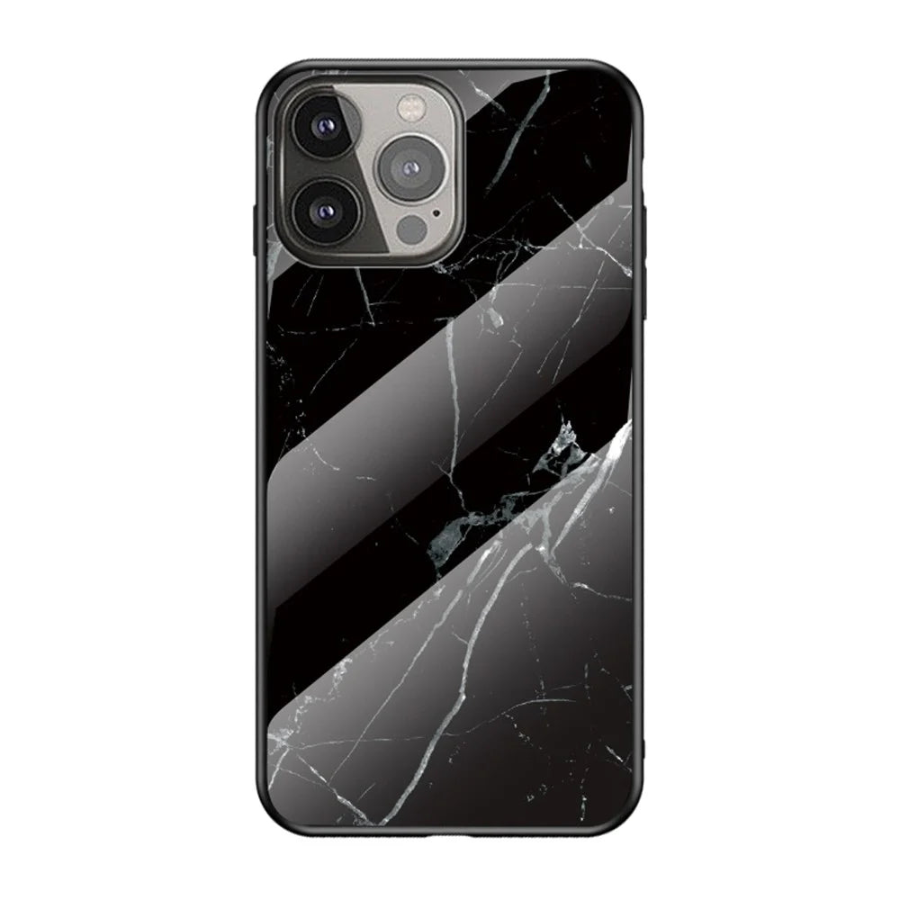 Stylish Marble Design Premium Tempered Glass Hybrid Shockproof Protection Impact Cover for iPhone 13 Pro Max 6.7 inch - Black Marble - 1