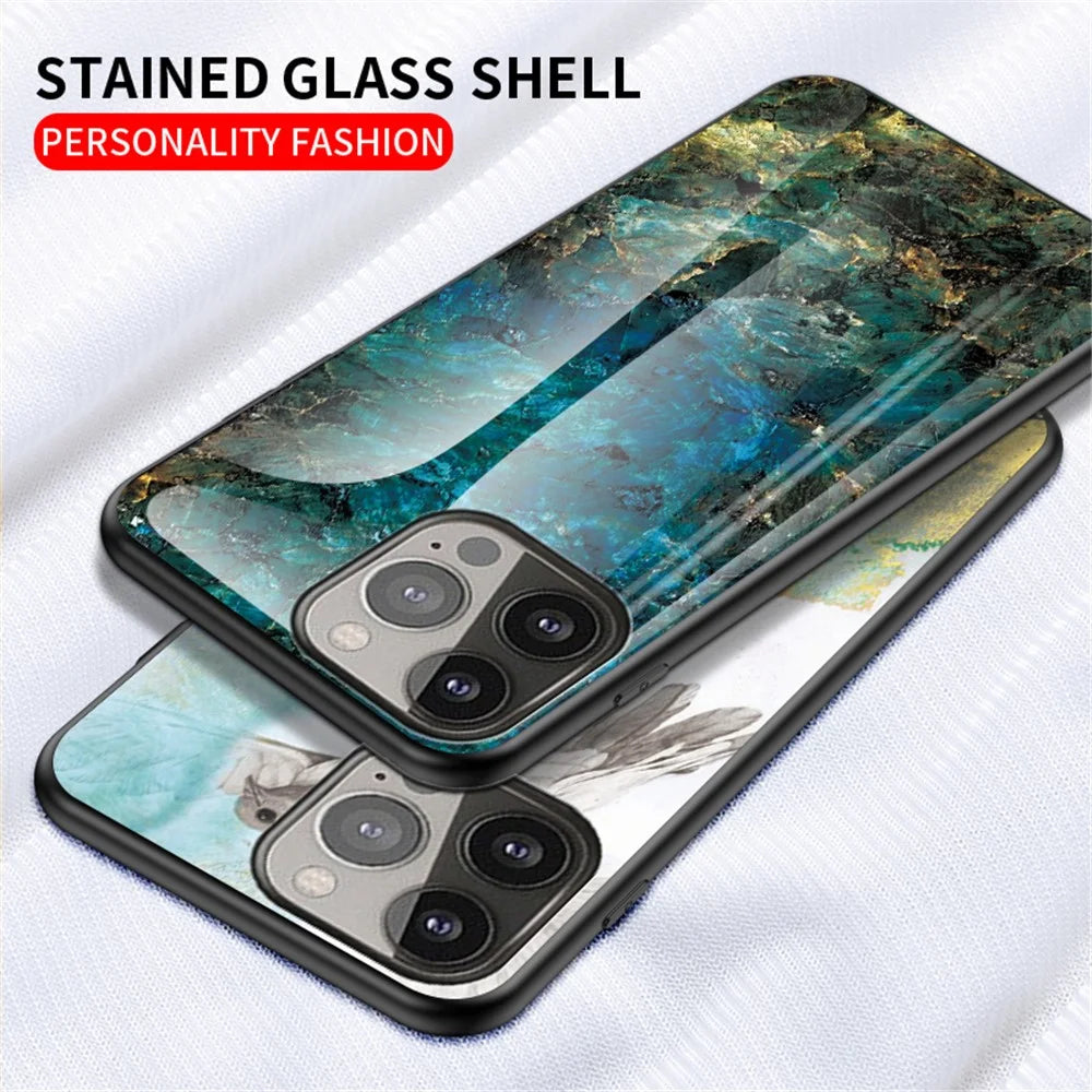 Stylish Marble Design Premium Tempered Glass Hybrid Shockproof Protection Impact Cover for iPhone 13 Pro Max 6.7 inch - Black Marble - 2