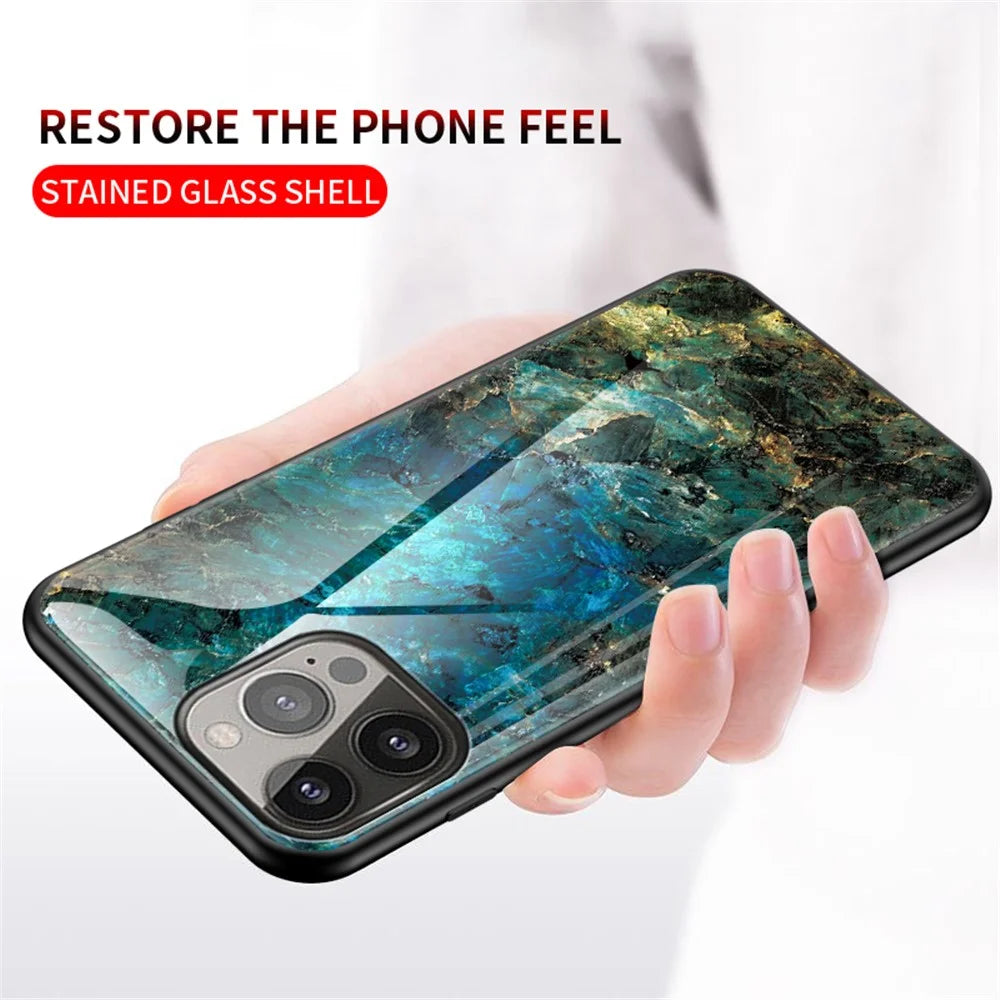 Stylish Marble Design Premium Tempered Glass Hybrid Shockproof Protection Impact Cover for iPhone 13 Pro Max 6.7 inch - Black Marble - 5