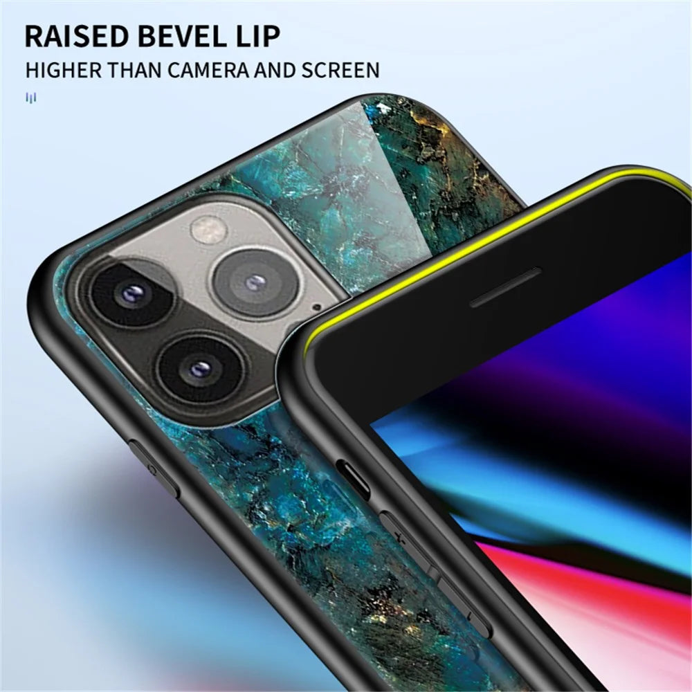 Stylish Marble Design Premium Tempered Glass Hybrid Shockproof Protection Impact Cover for iPhone 13 Pro Max 6.7 inch - Black Marble - 6