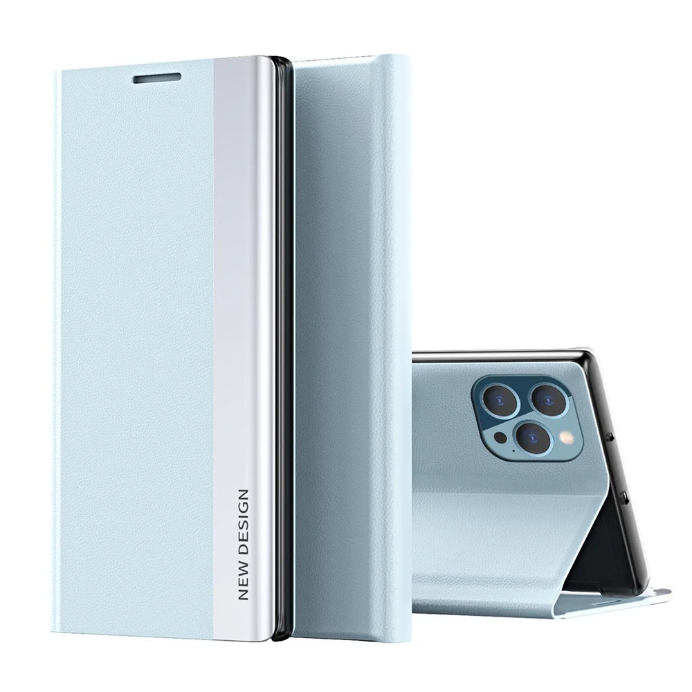 Full Coverage Strong Magnet Leather with PC Inner Folio Flip Plated Stand Case for iPhone 13 Pro Max 6.7 inch - Baby Blue - 1