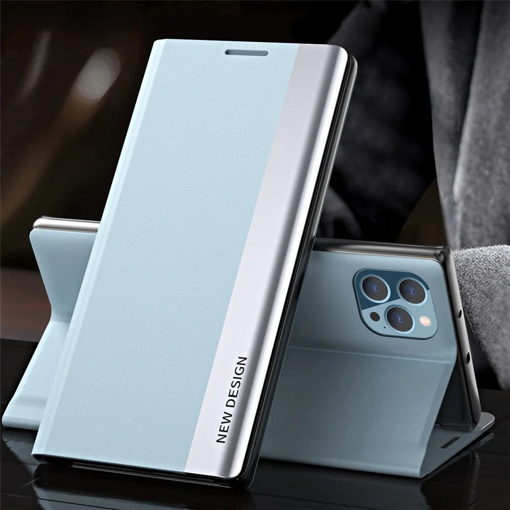 Full Coverage Strong Magnet Leather with PC Inner Folio Flip Plated Stand Case for iPhone 13 Pro Max 6.7 inch - Baby Blue - 2