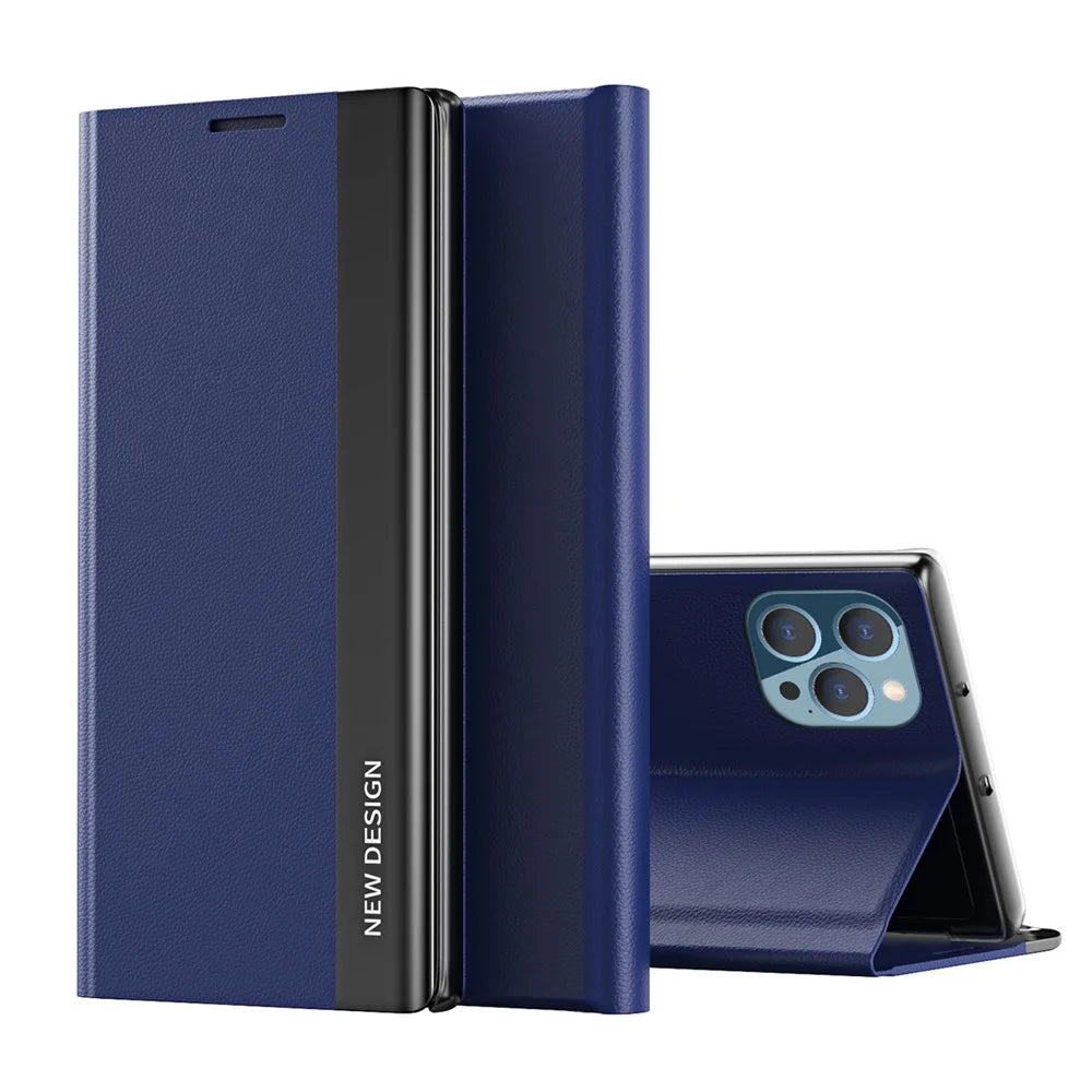 Auto Absorption Anti-Shock Folio Flip Plated Leather Stand Case for iPhone 13 Pro 6.1 inch - Dark Blue - 1