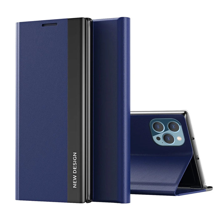 Auto Absorption Anti-Shock Folio Flip Plated Leather Stand Case for iPhone 13 Pro 6.1 inch - Dark Blue - 1
