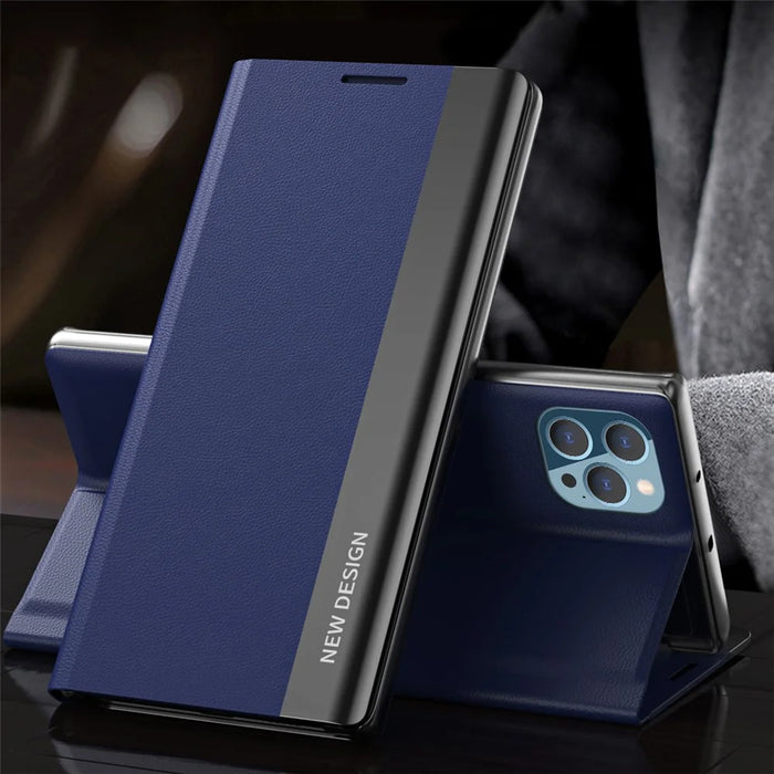 Auto Absorption Anti-Shock Folio Flip Plated Leather Stand Case for iPhone 13 Pro 6.1 inch - Dark Blue - 2