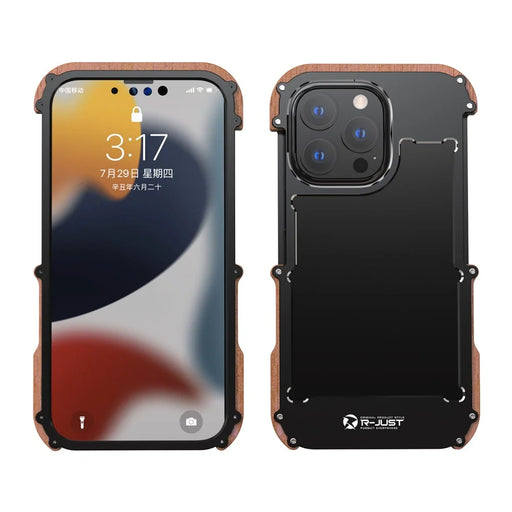 R-JUST Ultra Thin Aluminum Alloy Wood Metal Cover Protective Case Shockproof Bumper Frame for iPhone 13 Pro Max 6.7 inch - Black - 1