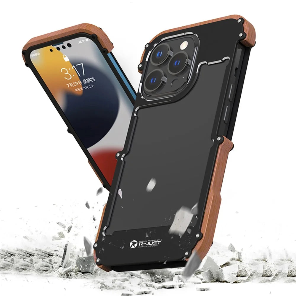 R-JUST Ultra Thin Aluminum Alloy Wood Metal Cover Protective Case Shockproof Bumper Frame for iPhone 13 Pro Max 6.7 inch - Black - 2