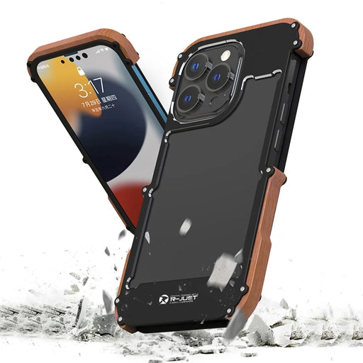 R-JUST Ultra Thin Aluminum Alloy Wood Metal Cover Protective Case Shockproof Bumper Frame for iPhone 13 Pro Max 6.7 inch - Black - 2