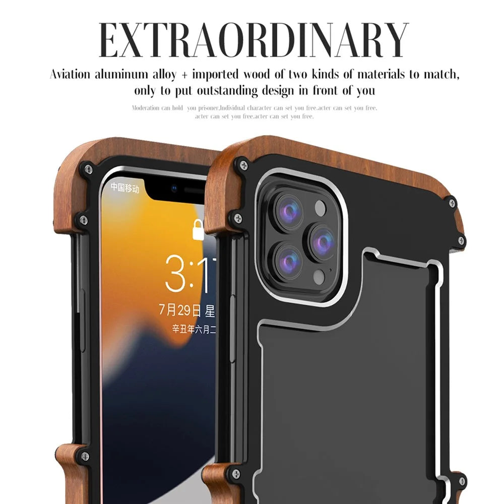 R-JUST Ultra Thin Aluminum Alloy Wood Metal Cover Protective Case Shockproof Bumper Frame for iPhone 13 Pro Max 6.7 inch - Black - 3