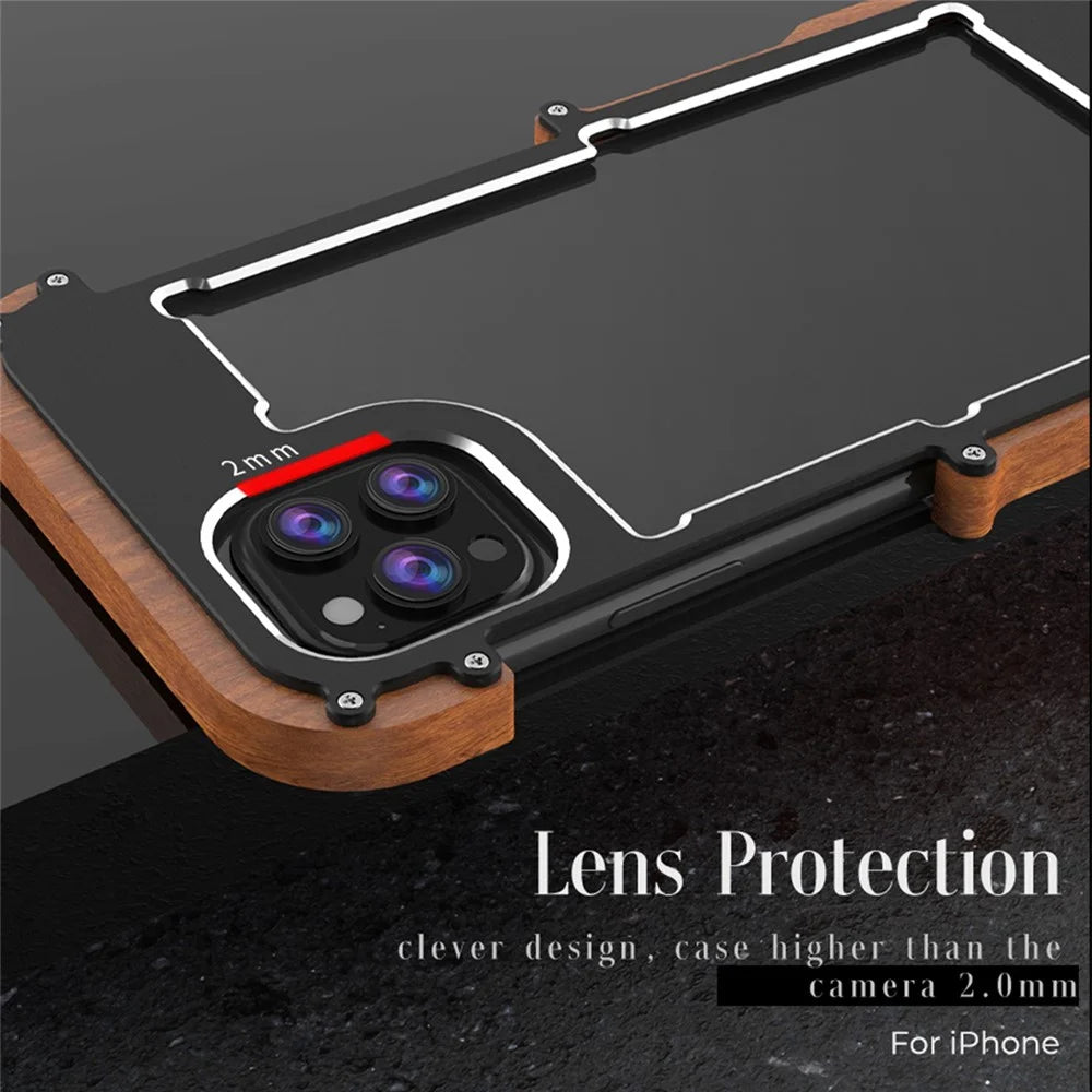 R-JUST Ultra Thin Aluminum Alloy Wood Metal Cover Protective Case Shockproof Bumper Frame for iPhone 13 Pro Max 6.7 inch - Black - 4