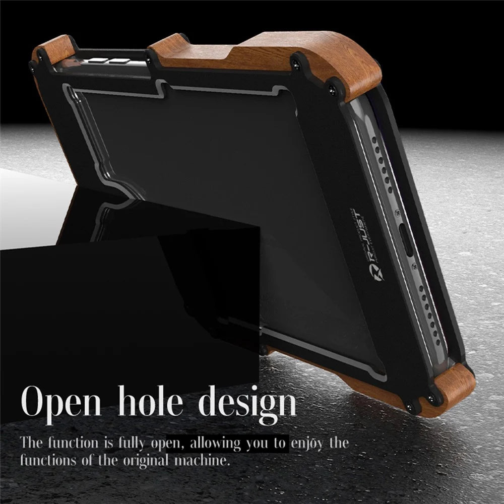 R-JUST Ultra Thin Aluminum Alloy Wood Metal Cover Protective Case Shockproof Bumper Frame for iPhone 13 Pro Max 6.7 inch - Black - 5