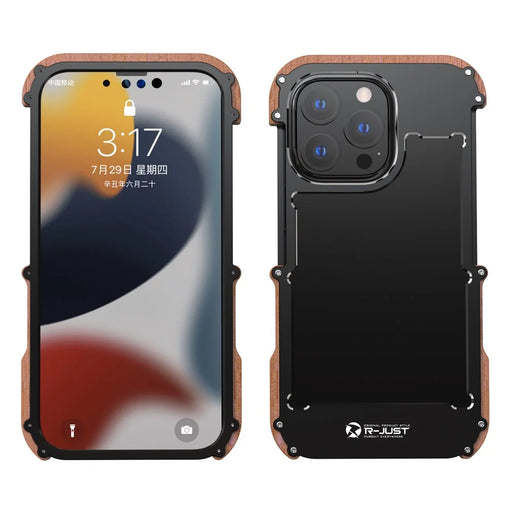 R-JUST Classical Shockproof Cell Phone Case Wood + Aluminium Alloy Frame Protector Bumper for Apple iPhone 13 6.1 inch - Black - 1